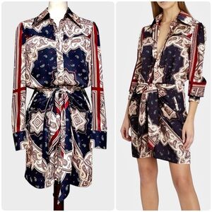 Petersyn Agnes Paisley Print Satin Mini Shirt Dress Size S Navy Retro Chic